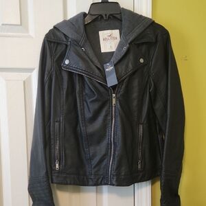 Hollister Women's Black Leather Jacket with Gray Hood